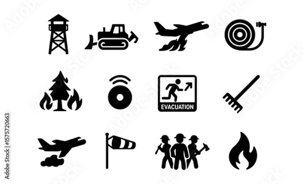 Obraz Firefighting equipment and safety icons set in solid style