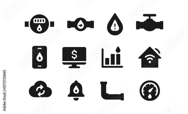 Obraz Smart water meter icons: flow sensors, leak alerts, valve control, and more