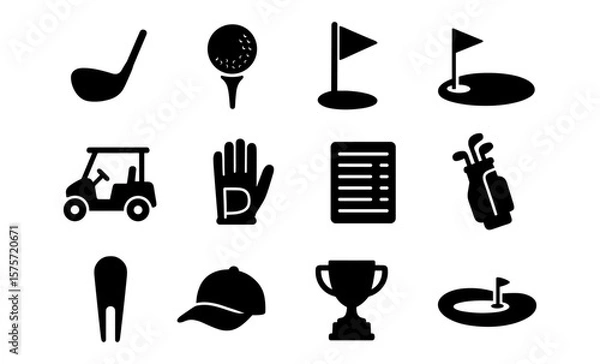 Obraz Golf equipment and symbols in minimalist black icons set