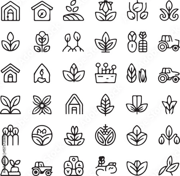 Obraz A collection of simple black and white line art icons representing various aspects of agriculture farming and plant growth