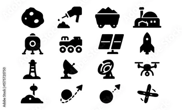 Obraz Space exploration icons set: rocket, drone, satellite and more in silhouette style