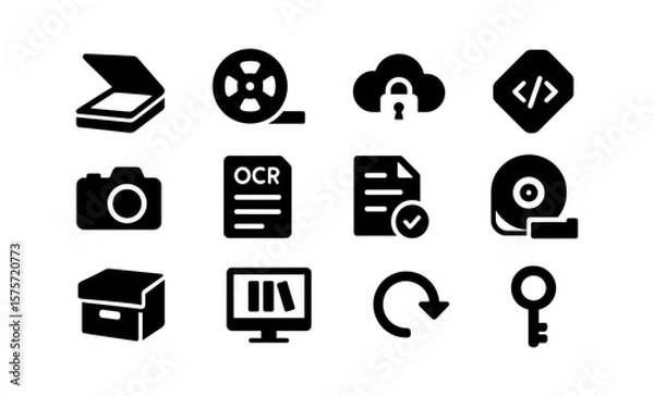 Obraz Digital archive icons set: simple black silhouettes for technology and security