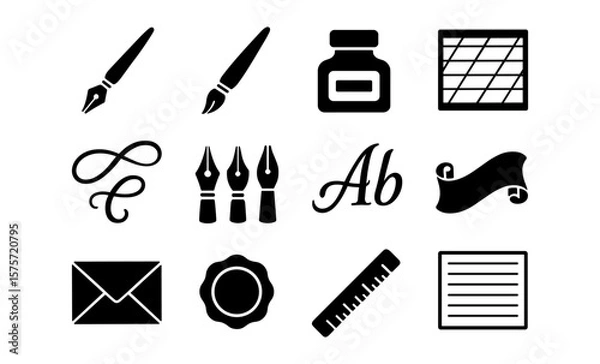 Obraz Classic calligraphy and writing tools icons set: pen, ink, paper, brush, envelope, seal, ruler
