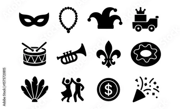Obraz Mardi gras icons collection featuring mask, beads, party hat, and celebratory symbols