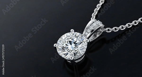 Obraz A close up of a diamond pendant with a silver chain on a dark background showing its brilliance