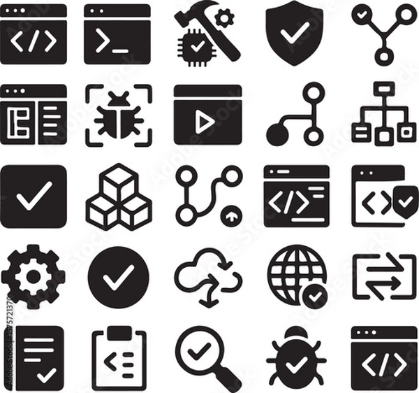Obraz Collection of black flat icons representing software development concepts including code debugging security cloud services and project management tasks