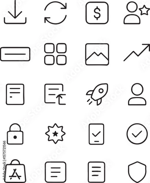 Obraz Collection of modern outline icons representing various digital actions and concepts including download refresh money user profile image chart document rocket lock star checklist and shield
