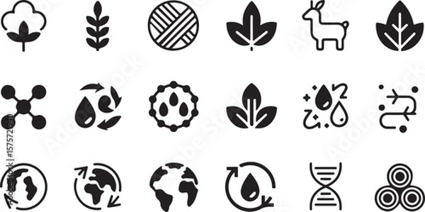 Obraz Collection of black and white icons representing natural materials sustainability and eco friendly concepts including cotton plant leaves water cycles and dna