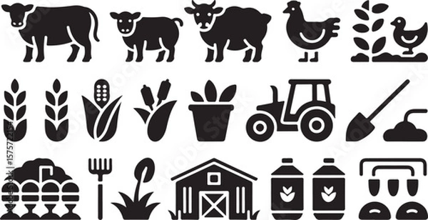Obraz Collection of black farm icons including cows sheep chickens crops tractor barn shovel fork and milk jugs on a white background