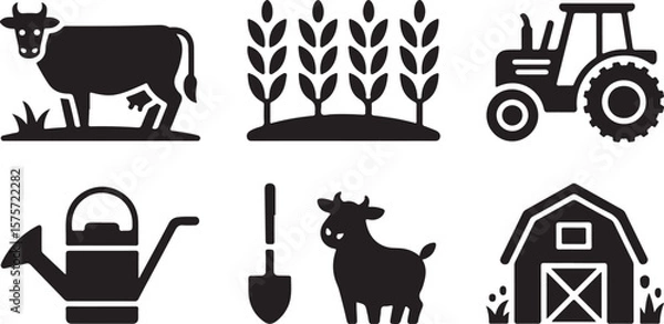 Obraz Collection of simple black farm icons including a cow wheat tractor watering can shovel and barn representing agriculture and rural life