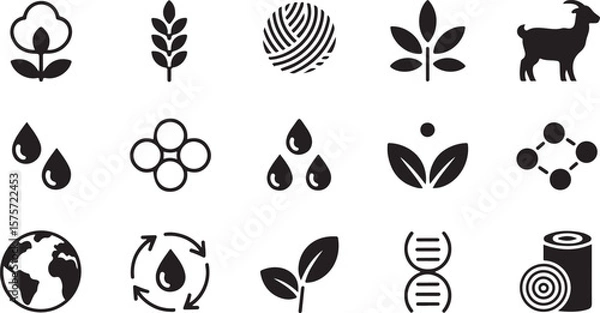 Obraz Collection of simple black icons representing natural resources agriculture sustainability and scientific elements on a white background