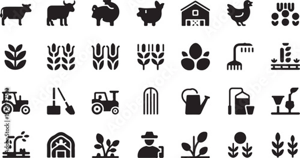 Obraz Collection of black farm and agriculture icons including animals plants tractor barn and farming equipment on a white background