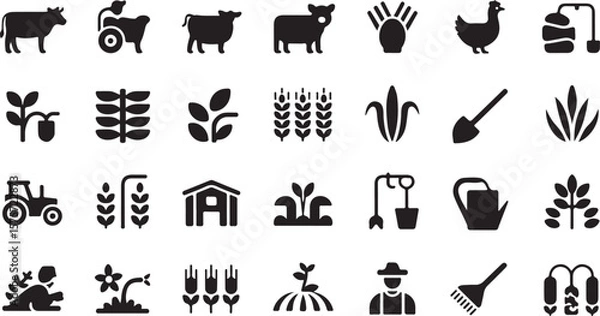 Obraz Collection of black silhouette icons representing agriculture farming and rural life including animals crops equipment and a farmer