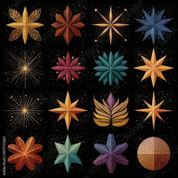 Fototapeta Colorful abstract star designs set against a dark backdrop showcasing various shapes and patterns in a creative arrangement
