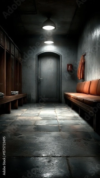 Fototapeta Empty locker room with wooden benches and an industrial door in a dimly lit environment