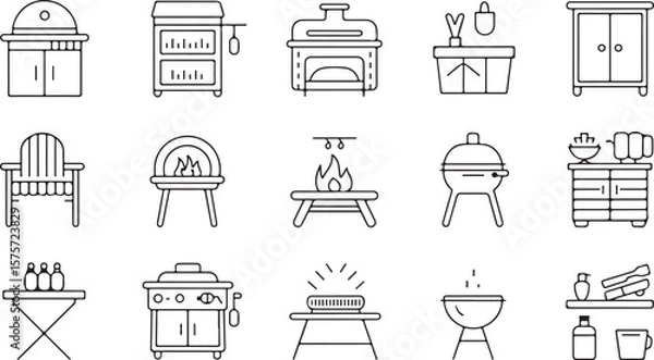 Obraz Collection of outdoor cooking and dining icons including grills ovens chairs tables and accessories for backyard entertaining and summer barbecues