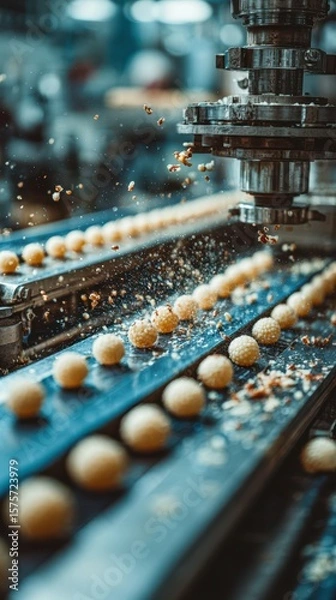 Fototapeta Candy production process showing balls being formed on a conveyor belt in a factory setting during daytime