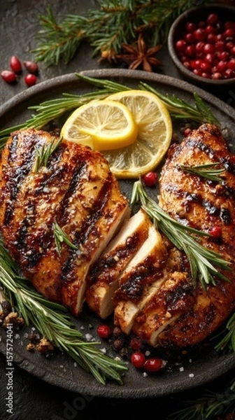 Fototapeta Grilled chicken breast garnished with rosemary and lemon on a rustic plate with seasonal berries