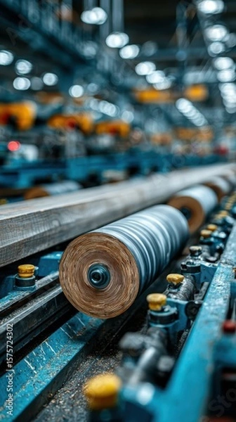 Fototapeta Wood processing line at a factory showing rolled wood and machinery in operation during daylight hours