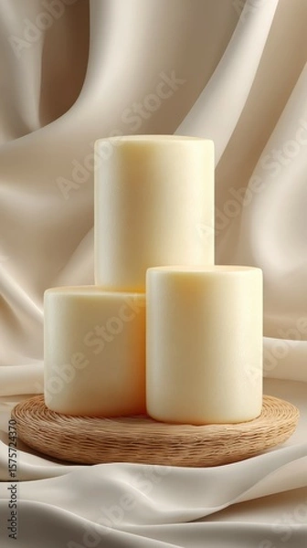 Fototapeta Elegant display of three creamy candles on a woven plate against luxurious silk fabric background