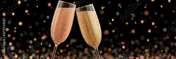 Fototapeta Celebratory toast with shimmering champagne flutes surrounded by colorful confetti during a festive evening