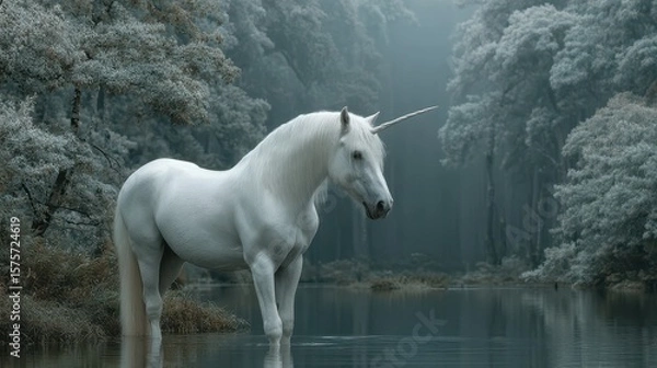Fototapeta Majestic white unicorn standing in a misty forest lake surrounded by ethereal trees at dawn