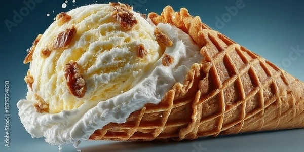 Fototapeta Delicious ice cream cone with creamy vanilla and crunchy toppings served on a sunny day