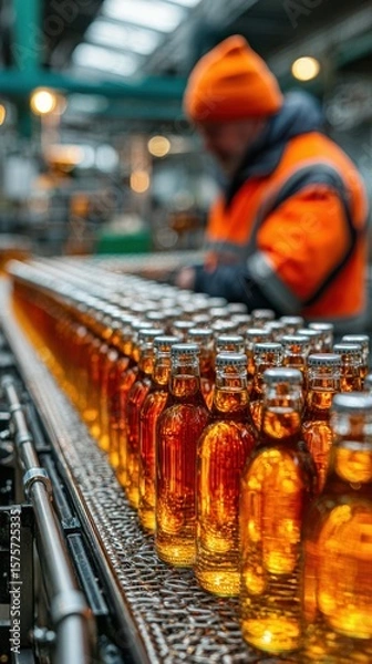 Fototapeta Bottles of amber beverage move along production line in factory during evening shift with worker in safety attire
