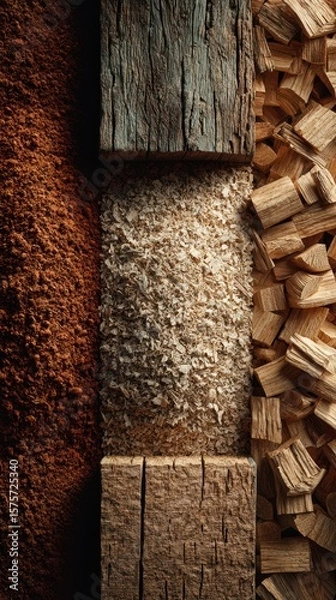Fototapeta Wood shavings, sawdust, and ground spices arranged in a textured layout on a wooden background