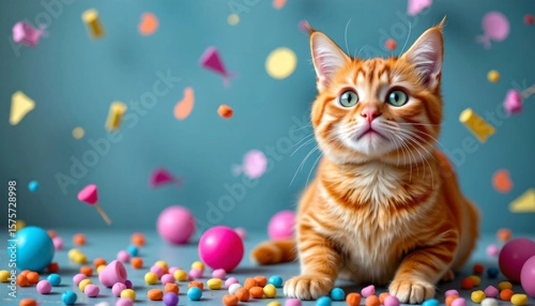 Fototapeta Celebrating international cat day playful cats surrounded by colorful confetti in a vibrant indoor setting
