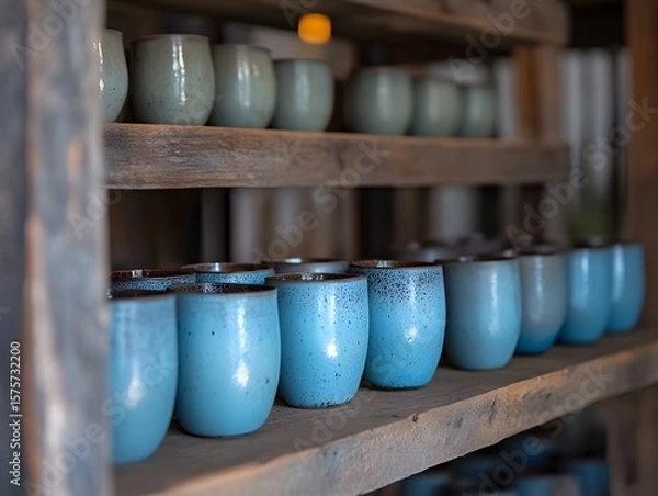 Fototapeta Rustic Wooden Shelf Displaying Blue and Green Ceramic Mugs