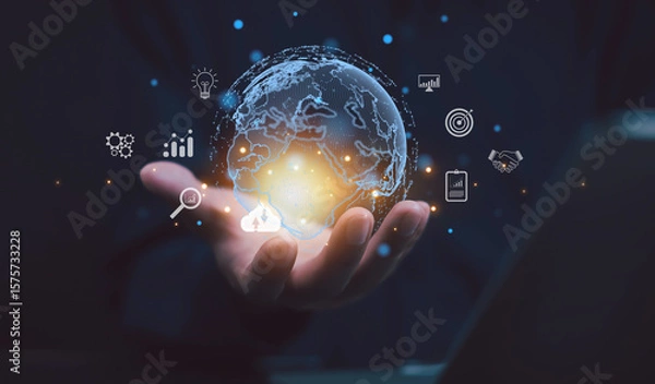 Fototapeta Businessman using smartphone connected to online technology internet network for analytics Growth planning, development, marketing and success strategy for global success organizations.