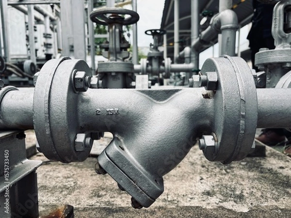 Obraz Industrial Y-strainer valve on steel piping system with flange connection in outdoor chemical plant. High-resolution close-up detail of metal filter for mechanical fluid filtration.