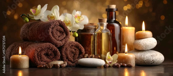 Fototapeta Spa Setup with Towels, Candles, and Massage Oils