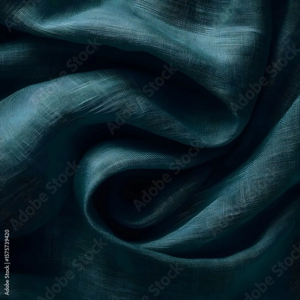 Fototapeta Elegant Teal Draped Fabric Texture Background, Luxurious Teal Linen Textile, Soft Silk Cloth, Deep Green Wrinkled Material
