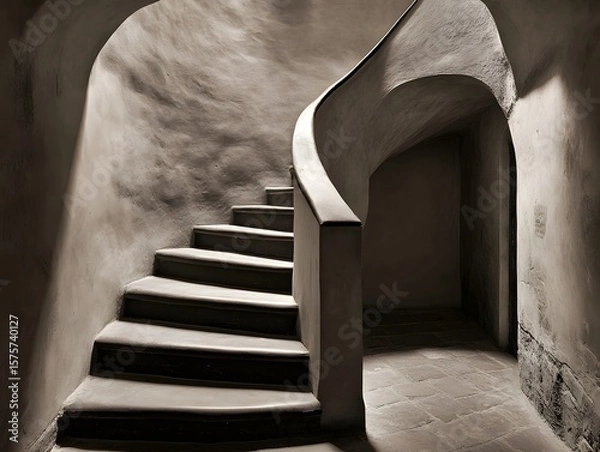 Fototapeta Sepia-toned Spiral Staircase in Old Building, Intricate Stone Architecture