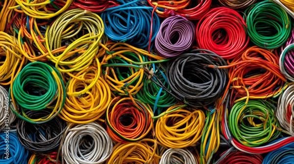 Fototapeta Full-frame close-up image of tangled, exposed cables symbolizing digital clutter, disorganization, and tech-related anxiety.