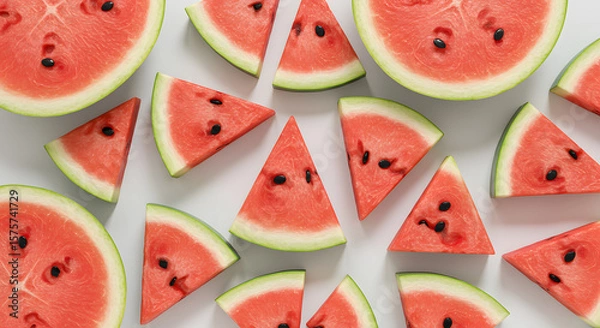 Fototapeta Fresh Watermelon Fruits and Juicy Slices in Top View – Summer Tropical Refreshment Concept

