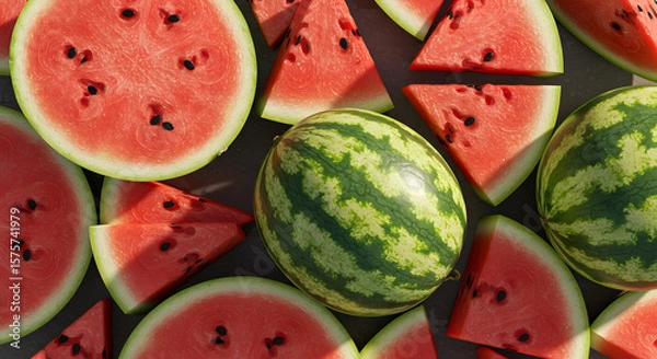 Fototapeta Fresh Watermelon Fruits and Juicy Slices in Top View – Summer Tropical Refreshment Concept

