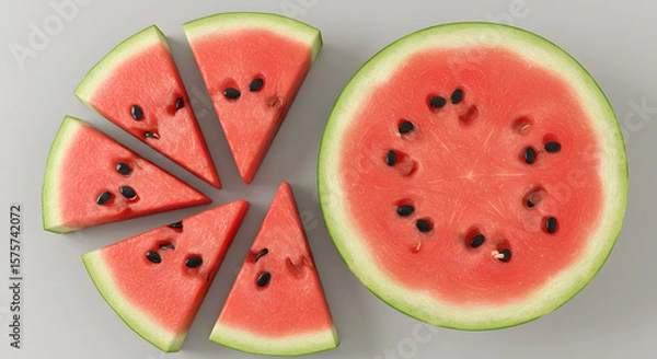 Fototapeta Fresh Watermelon Fruits and Juicy Slices in Top View – Summer Tropical Refreshment Concept

