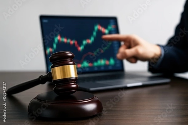 Fototapeta Mahogany gavel rests near trending stock market graphs displayed on a laptop, symbolizing legal oversight of financial trading.