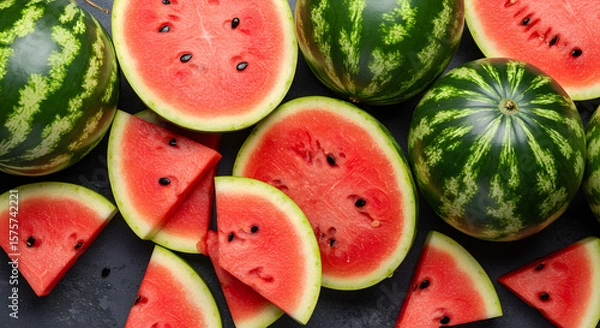 Fototapeta Fresh Watermelon Fruits and Juicy Slices in Top View – Summer Tropical Refreshment Concept

