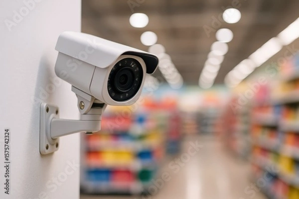 Fototapeta White Surveillance Camera Monitors Supermarket Aisle, ensuring retail security and loss prevention using modern technology in this simple yet effective composition.