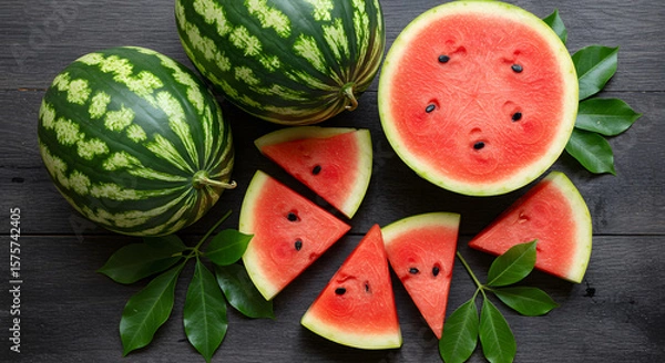 Fototapeta Fresh Watermelon Fruits and Juicy Slices in Top View – Summer Tropical Refreshment Concept

