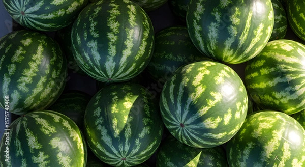 Fototapeta Fresh Watermelon Fruits and Juicy Slices in Top View – Summer Tropical Refreshment Concept

