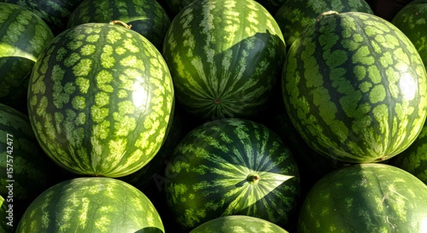 Fototapeta Fresh Watermelon Fruits and Juicy Slices in Top View – Summer Tropical Refreshment Concept

