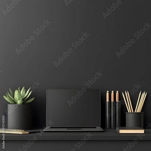 Fototapeta Modern Dark Minimalist Workspace Setup Laptop Mockup