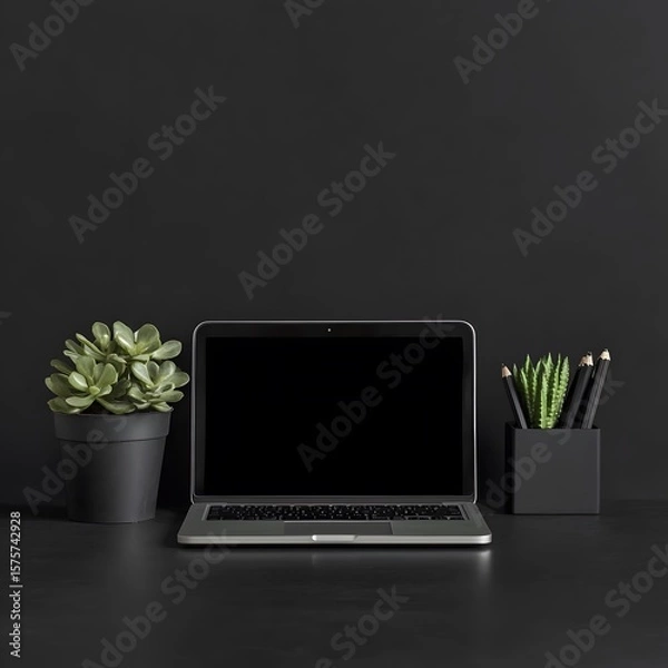 Fototapeta Modern Dark Minimalist Workspace Laptop Setup with Plants