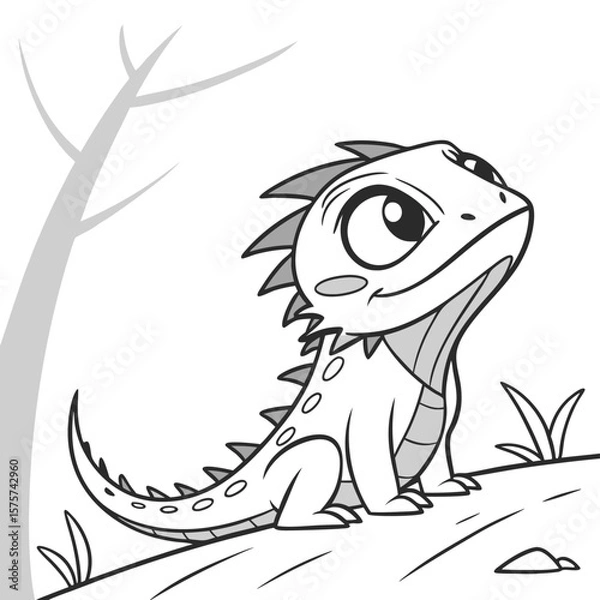 Fototapeta Adorable Cartoon Lizard Black and White Curious Expression Childlike Style Nature Background