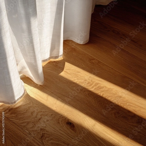 Fototapeta Sunlight streams onto light hardwood floors, with sheer curtains draped beside
